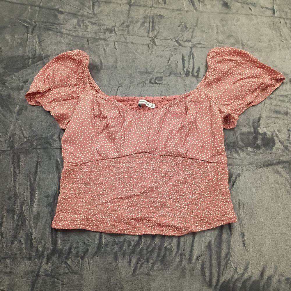 Abercrombie‎ Fitch Crop Top XL Smocked Puff Sleeve Dusty Rose White Polka Dot